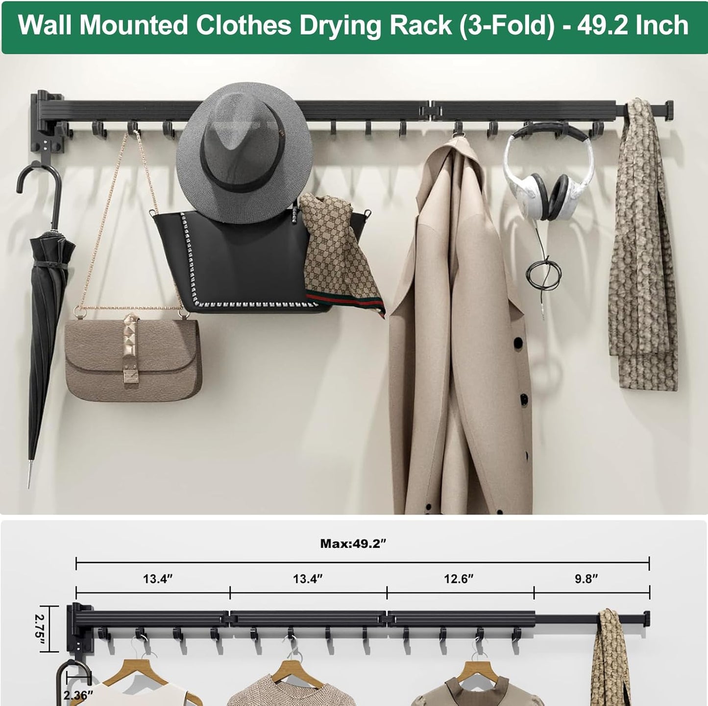 Wall Mount Clothes Drying Rack, Wall Mounted Drying Rack, Upgraded 3-Fold & Sturdy Laundry Drying Rack with 12 Dual-Side Hooks Space Saver for Laundry Room, Apartment, Dorms - Black