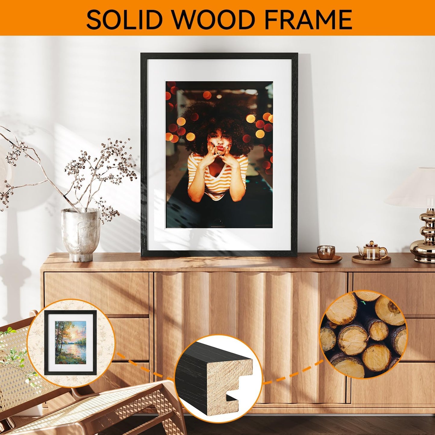 IBUYKE 18x24 Picture Frame,Solid Oak Wood 18x24 Photo Frame with Mat to 16x20,18x24 Picture Frames With Tempered Glass,Wall Mount Display,Home Decor,Black Oak 24 x 18 Frame,UWPF1824B