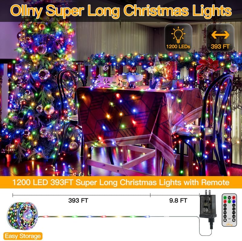 Ollny Christmas Lights Outdoor, 393FT 1200 LED IP67 Waterproof Christmas Tree Lights with 8 Modes Remote Timer, String Lights for House Yard Outside Indoor Xmas Decorations Multicolor