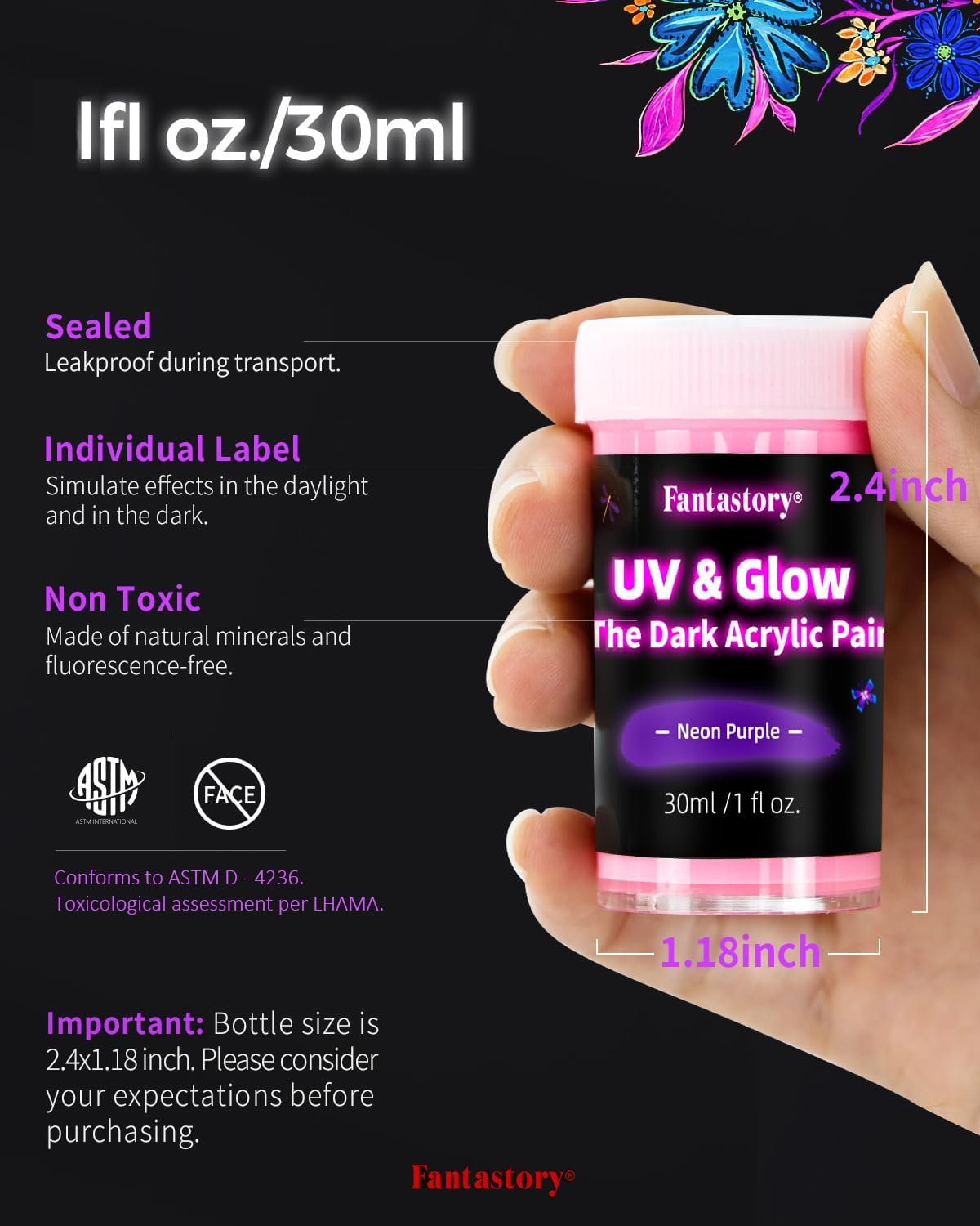 Fantastory Glow in the Dark Acrylic Paint,10 Bright Colors(30ml/1oz); Waterproof, Indoor Outdoor Black Light Paints for Halloween Rocks,Wood,DIY Crafts,Pumpkin, Adults