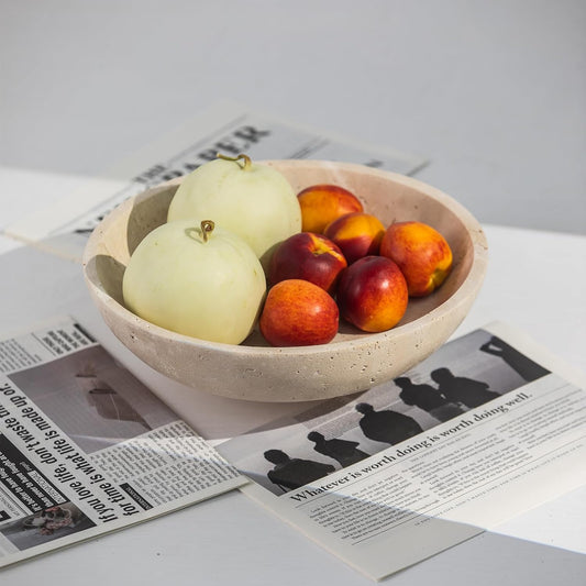 Natural Travertine Fruit Bowl 11.8" – Large Decorative Bowl & Travertine Decor Pedestal for Kitchen Counter & Dining Table ,For Entryway, Kitchen Fruit Bowl, Potpourri, Dining Table Centerpiece.