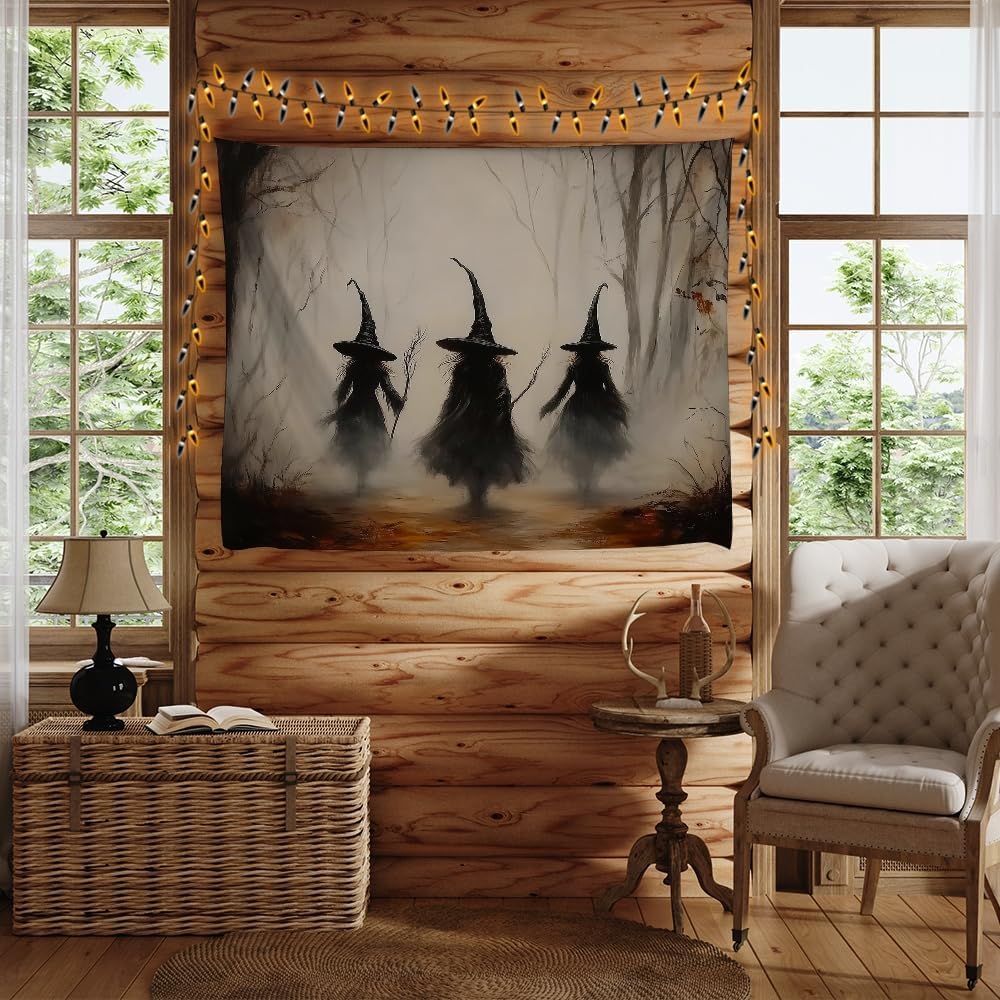 Witchy Halloween Tapestry Wall Hanging Vintage Spooky Witch Room Print Dark Academia Autumn Forest Three Witches Tapestries Decor for Halloween Living Room Bedroom Decoration 50x60inch