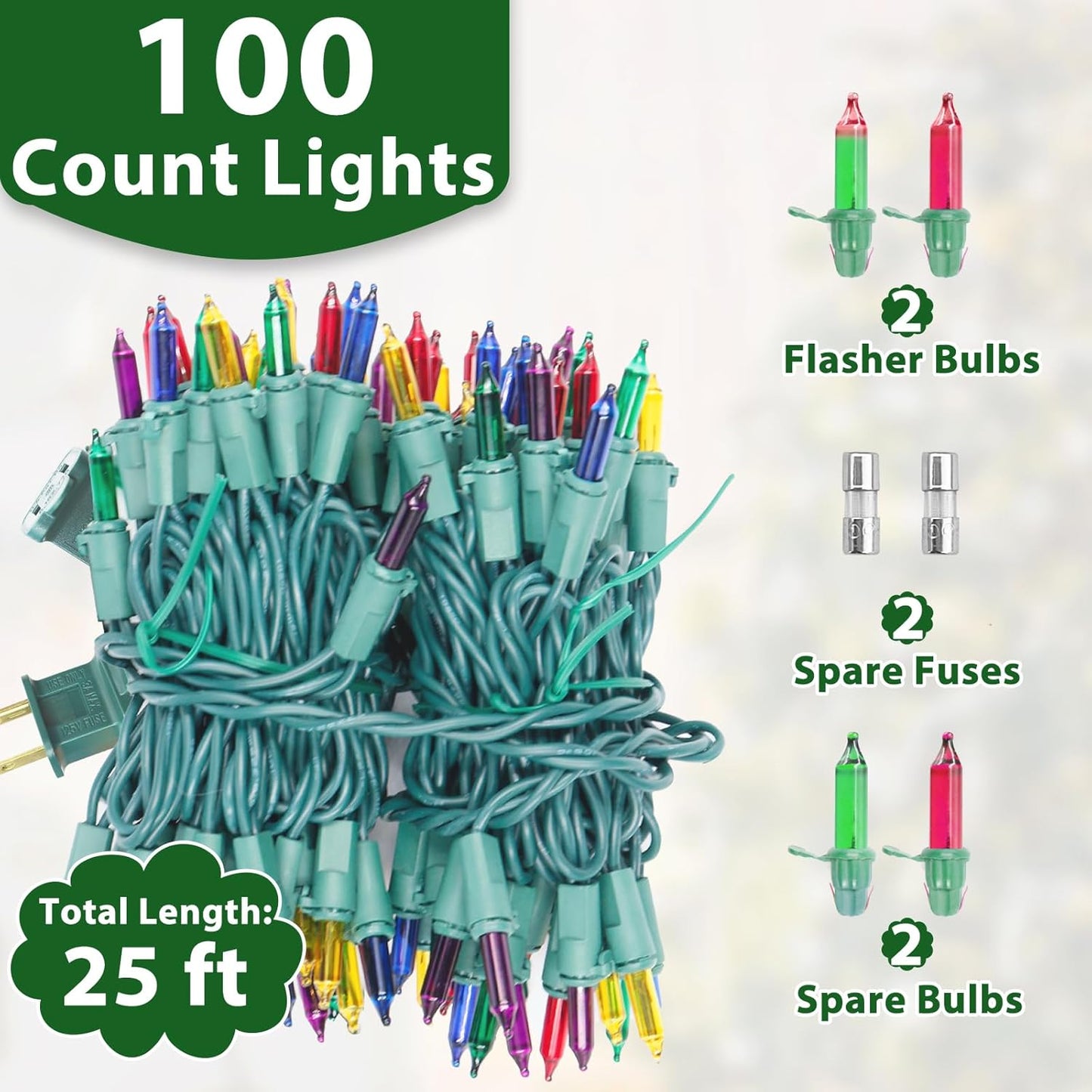 Multicolor Christmas Lights String 25FT 100 Count Incandescent Bulbs Mini Lights with Green Wire for Christmas Tree, Garland, Wedding, Party, Home, Indoor & Outdoor Festival Decoration
