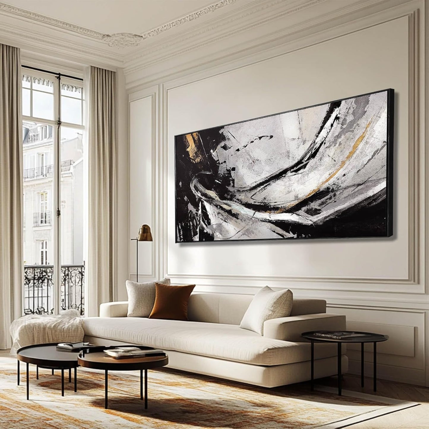 Home Decor Black and White Abstract Painting for Office Bedroom Decorations Framed Canvas Wall Prints Gold Pictures Wall Art for Home 29"x 58"