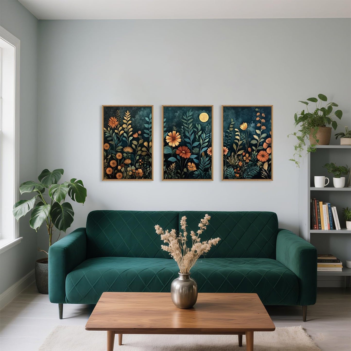 Vintage Dark Botanical Framed Canvas Wall Art Set, Colorful Floral Wall Decor, Nature Wildflower Wall Painting, Colorful Blossom Art Prints for Living Room, Bedroom, Office - 16"X24"X3