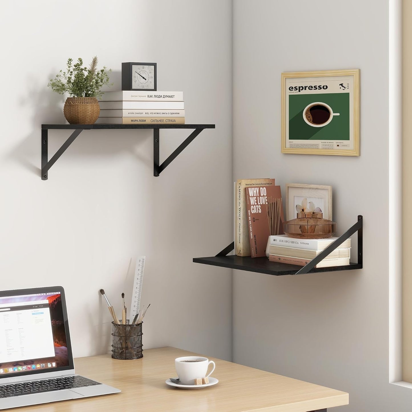 Fun Memories Deep Floating Shelves for Wall, 12 Inch Deep Black Floating Shelves Set of 2, 16" W x 12" D Wall Shelf, Wide Display Ledges Shelves for Bedroom, Bathroom, 12 Deep Bookshelf Wall Mounted