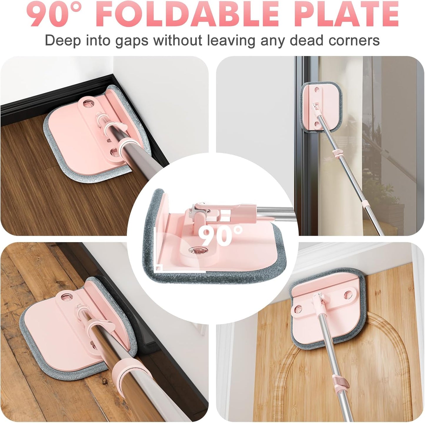 Upgraded Spin Mop and Bucket Set Self-Standing Mop Bucket Separate Dirty and Clean Water System Self Wringing 360° Rotating 90° Foldabl Mops and Buckets for Floor Cleaning (Pink, 2Pads)