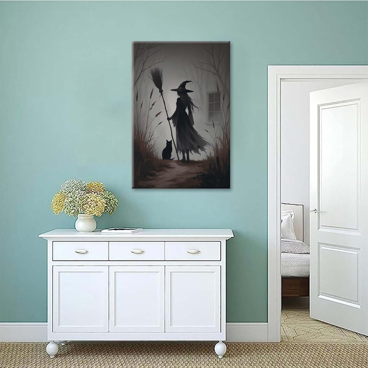 JFHCQJPK Vintage forest witch and black cat poster Halloween mural poster decoration mural art magic suitable for home living room bedroom28x40in Frameless