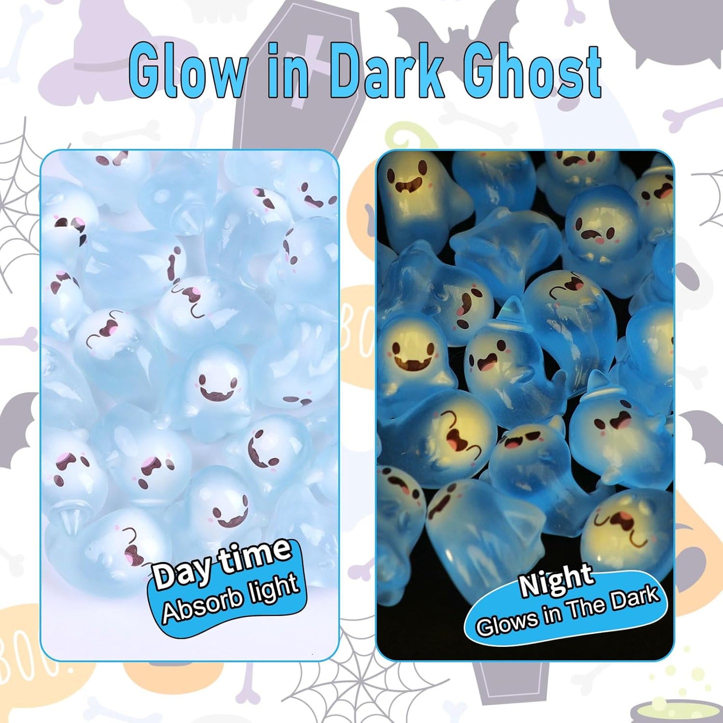 KIMOBER 24PCS Mini Luminous Ghost Miniature Figurines,Assorted Spooky Glow in Dark Resin Ghost Tiny Elf Figures for Fairy Garden Micro Landscape Decor Cake Topper Halloween(Assorted Ghost)