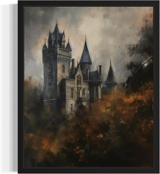 Old Castle Poster Art Print, Halloween Scary Vintage Wall Art Academia Spooky Painting Decoration for Horror Prints, Gothic Posters Bedroom Decor 89 (Old Castle, 8 x 10 inches, Black Frame)