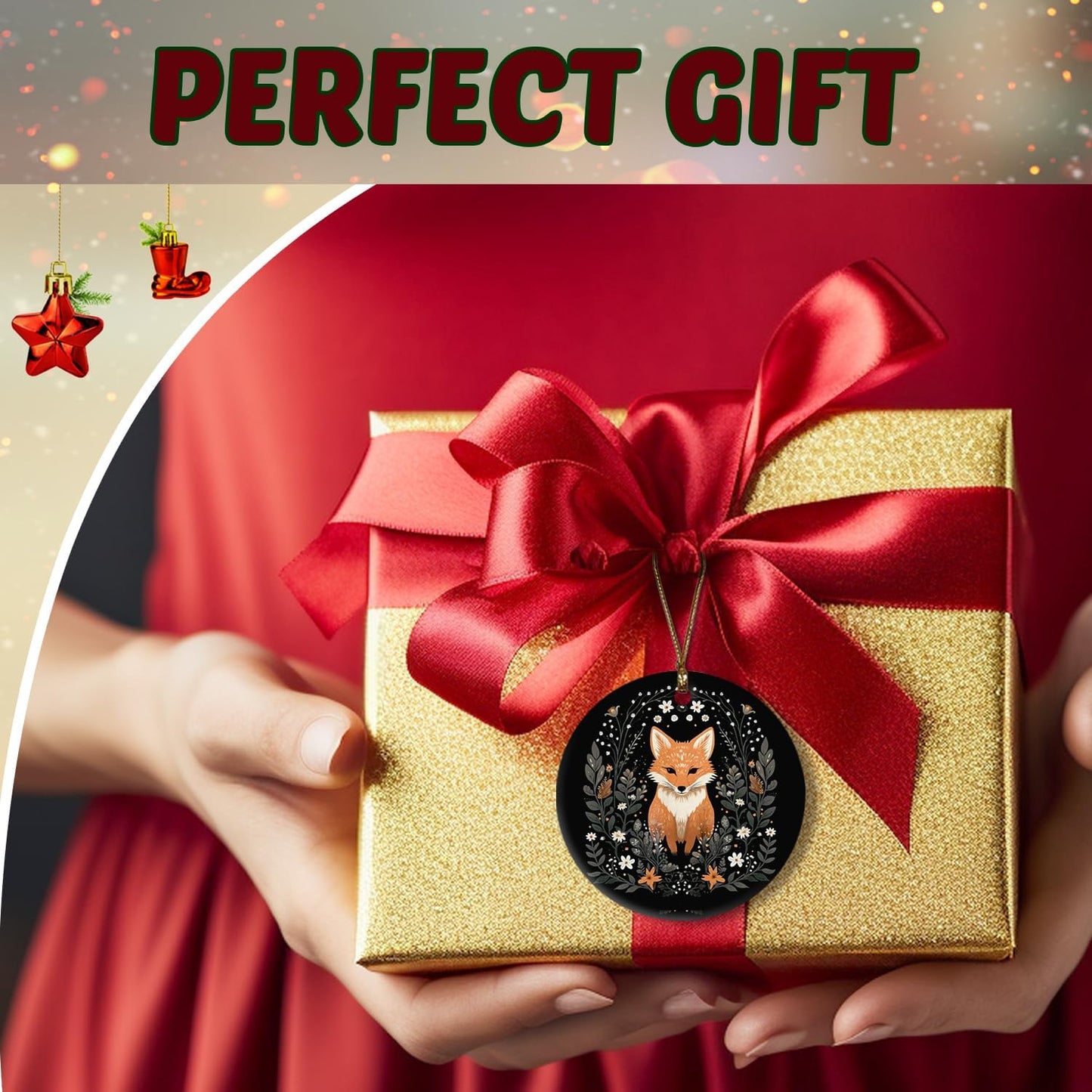 Fox Ornament, Fox Gifts for Women Girls Men,Gifts for Fox Lovers, Cottagecore Botanical Fox Ceramic Ornaments, Fox Decorative Hanging Ornament