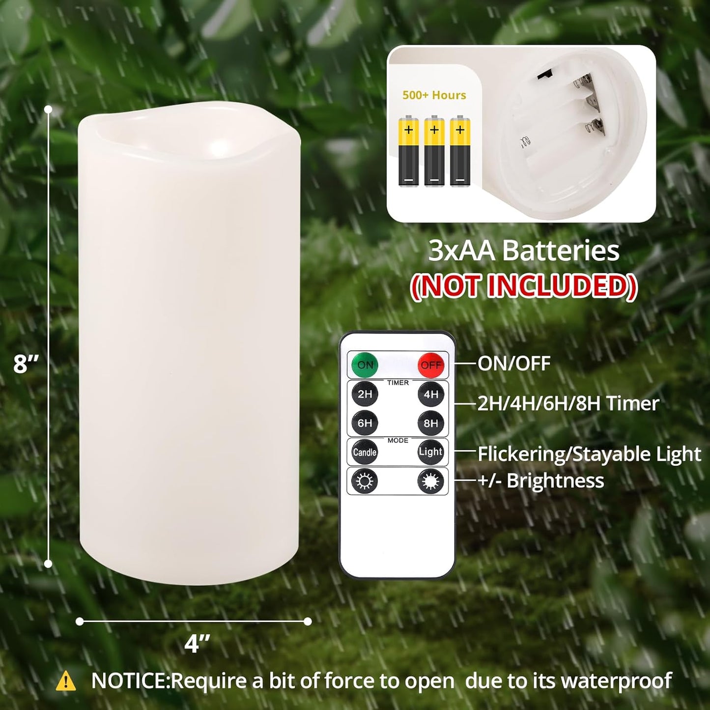 NURADA 8" x 4" Large Outdoor Flameless Candles - Waterproof LED Pillar Flickering Candle Battery Operated with Timer Remote Control for Patio Porch Lanterns Decor - Long Lasting Set of 2