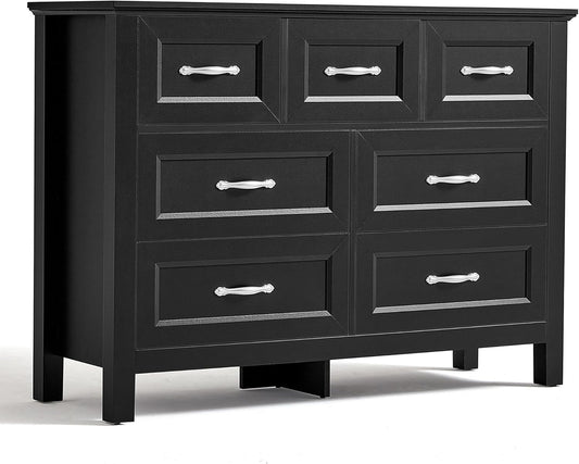 LINSY HOME Farmhouse 7 Drawers Dresser Chests for Bedroom, Wood Dresser Wide Chest of Drawers, Storage Dressers Organizer for Bedroom, Living Room,Hallway, SGS Certified