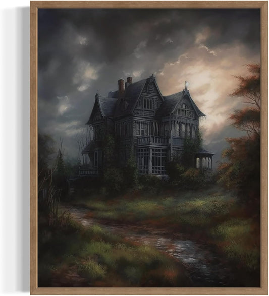Haunted House Poster Art Print, Halloween Scary Vintage Wall Art Academia Spooky Painting Decoration for Horror Prints, Gothic Posters Bedroom Decor 89 (Haunted House, 8 x 10 inches, Wood Frame)