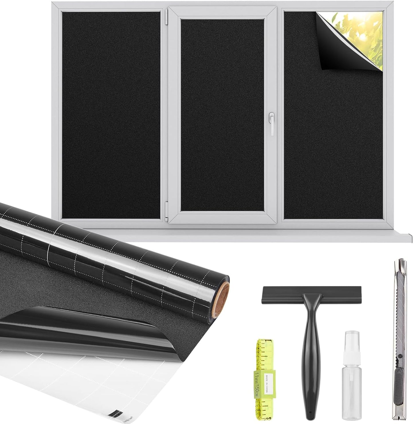 Kromapolis Blackout Window Privacy Film Total Light Blocking Room Darkening Window Covering, Removable Static Cling Frosted Glass Tint, Non-Adhesive, Black 29.5'' x 118.1''