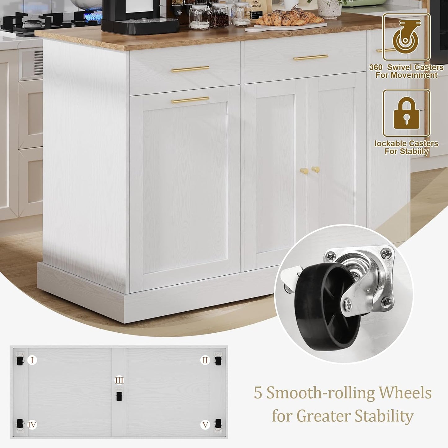 4 EVER WINNER Kitchen Island on Wheels with Storage,Rolling Kitchen Cart with Spice Rack & Towel Rack,Portable Island with Trash Can Storage,Mobile Islands for Dinning Room,White