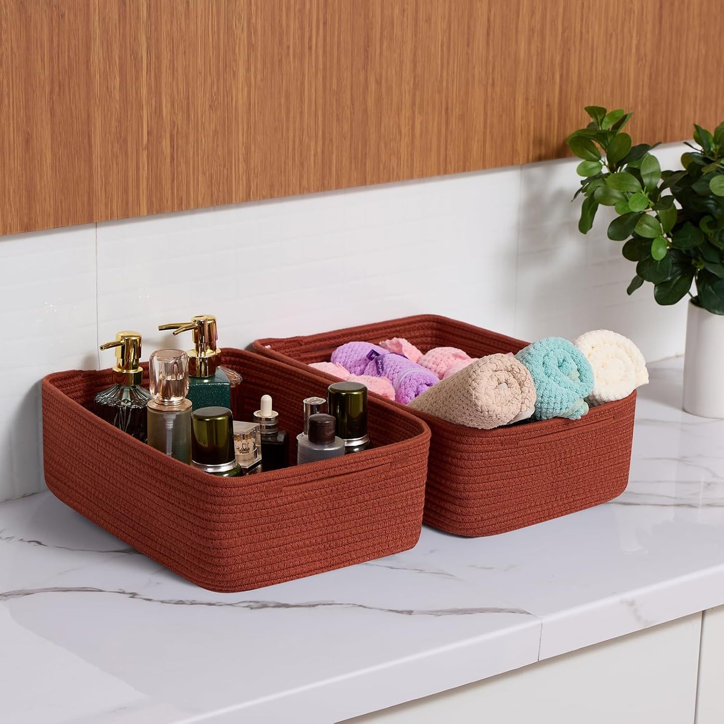 Large Shallow Organizing Baskets 15x11x5.1 Inches - Rope Woven Storage Bins for Bathroom, Shelves, Cube Closet, Red 2 Packs