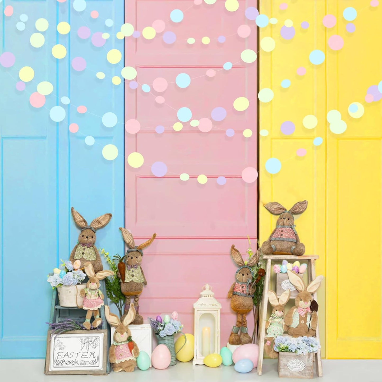 Pastel Party Decorations Blue Purple Pink Yellow Green Circle Dots Garland Hanging Paper Polka Dot Streamer for Birthday Baby Shower Wedding Bridal Shower Macaron Spring Easter Party Supplies