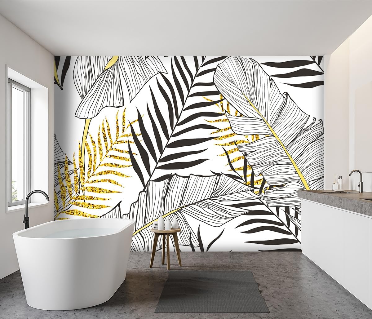 -Black and Gold Tropical Botanical Banana Leaf Fabric Wallpaper Living Room Bedroom Bathroom Abstract Plant Wall Mural- 91"x65"（ not Peel and Stick）
