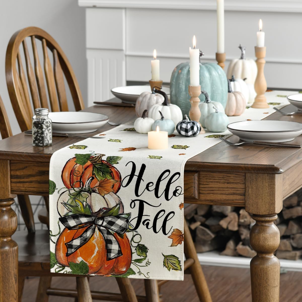 Artoid Mode Pumpkins Bowknot Maple Leaf 210 GSM Fall Table Runner, Seasonal Autumn Kitchen Dining Table Decoration for Home Party Decor 13x72 Inch
