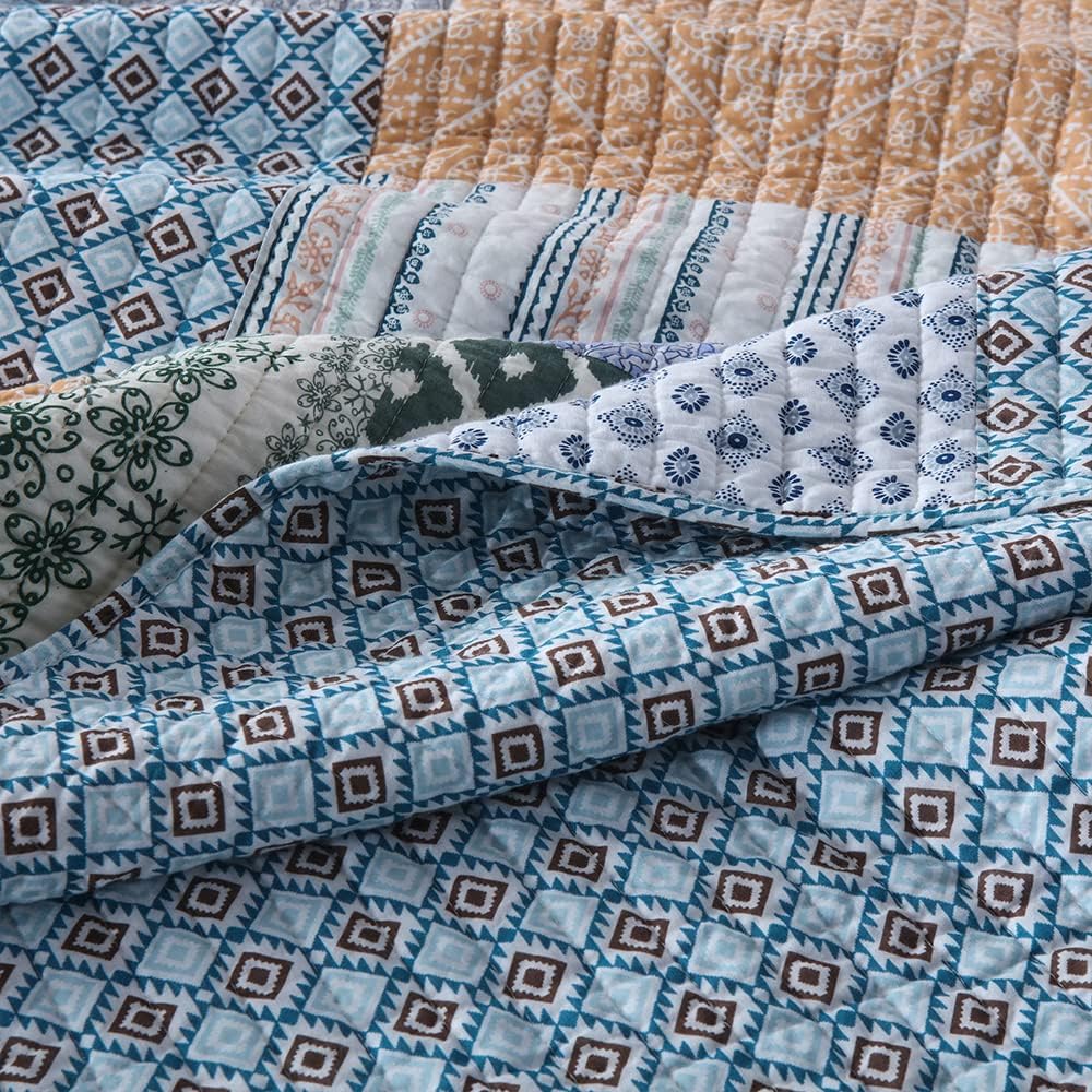 Autumn Dream Cotton Bedspread Quilt Sets Reversible Bedding Coverlet Sets Comforter, Bohemian Paisley Patchwork Blue Bedspread, King Size