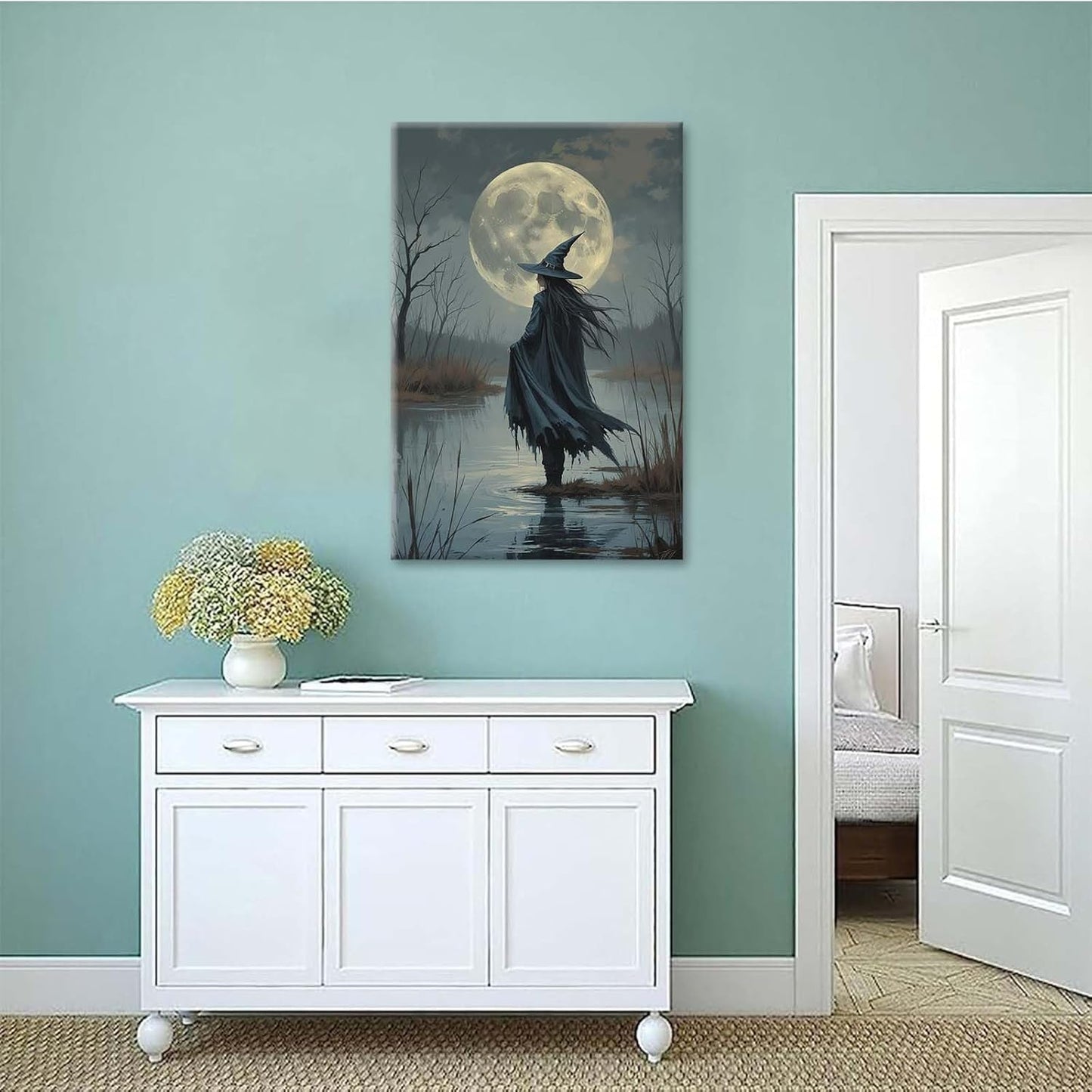 JFHCQJPK Witch in the moonlight magic canvas wall art enchanting Halloween home decor swamp witch silhouette oil painting mysterious gothic aesthetic wall decor print poster28x40in Frameless