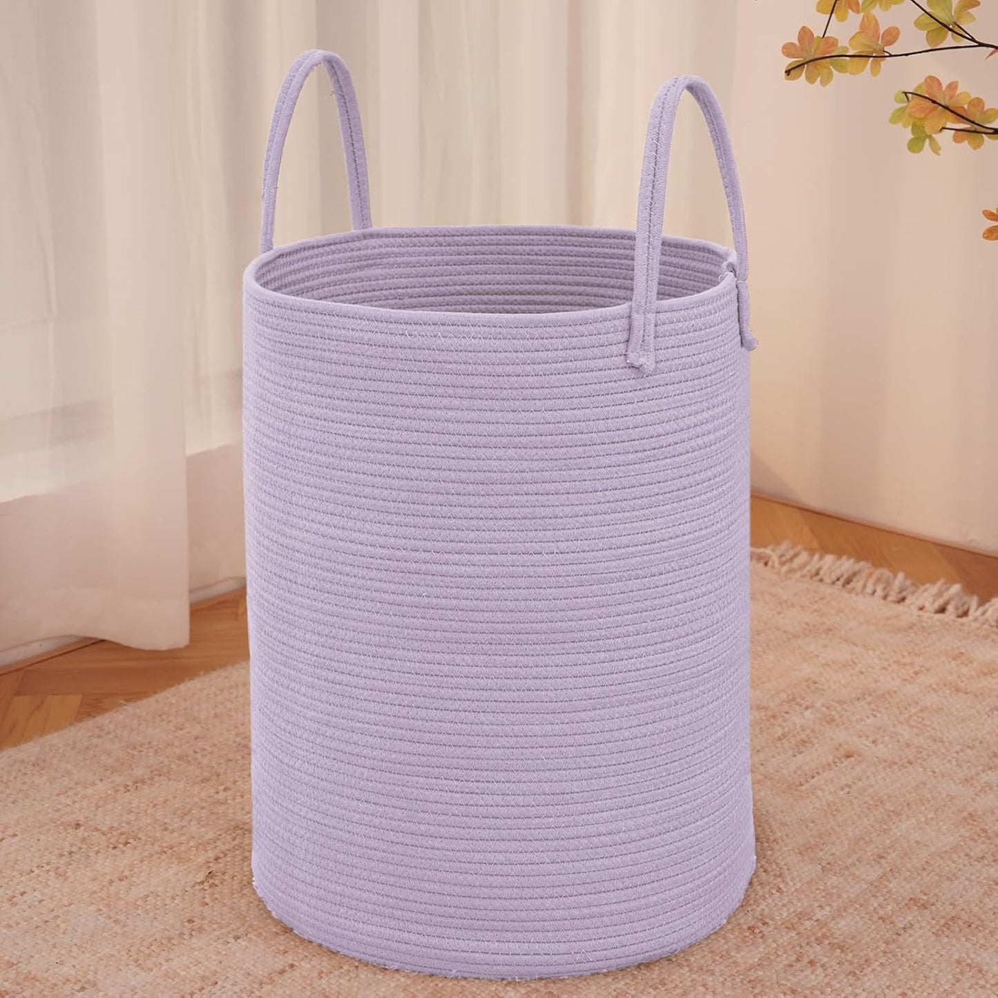 Large Woven Laundry Basket Hamper,100L Cotton Rope Storage Bin for Blankets,Toys and Clothes,Decorative Tall Nursery Hamper for Living Room,Baby Nursery,Bathroom and Bedroom,Purple