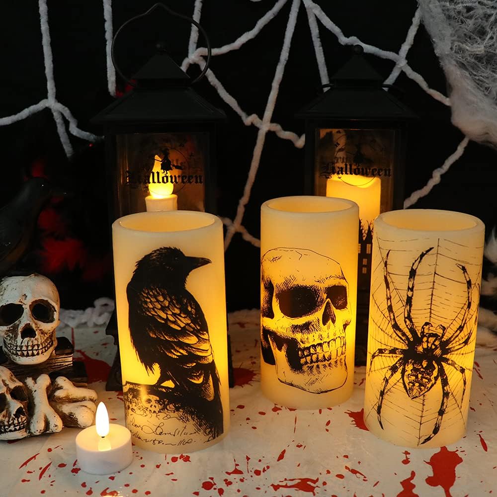 Halloween Flameless Candles with 6H Timer, LED Pillar Candles mit Skull, Spider Web, Crow Raven Decals Set of 3, Battery Operated Real Wax Candles, Halloween Decor Horror Gothic Punk