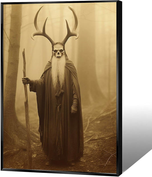 Skeleton Halloween Decor Occult Druid of the Forest Poster Canvas Wall Art Vintage Spooky Print Gothic Room Decor Dark Academia Decorations Bedroom Creepy Skull Picture 16X24inch Aluminum Framed