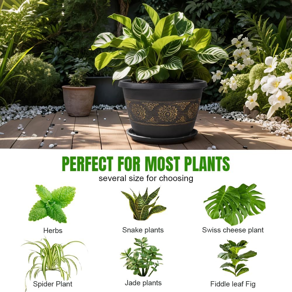 6 Pack 8 inch Plant Pots, Retro Pattern Planters with Drainage Holes and Saucer, Sturdy Plastic Garden Flower Pots for Indoor & Outdoor Plants