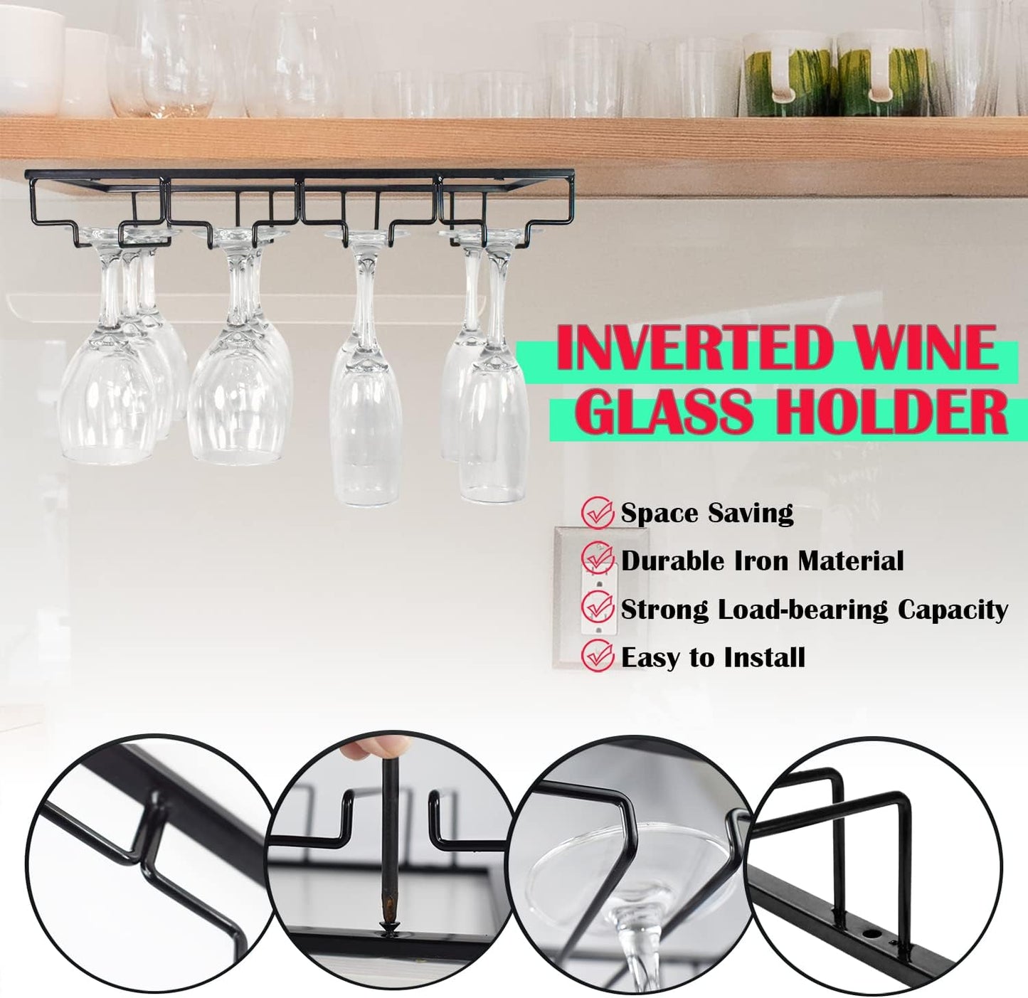 4 Rows Wine Glass Rack Under Cabinet Hanging Stemware Wine Glass Holder Under Shelf, 2 Packs Wire Wine Glasses Racks Hanger for Bar, Kitchen
