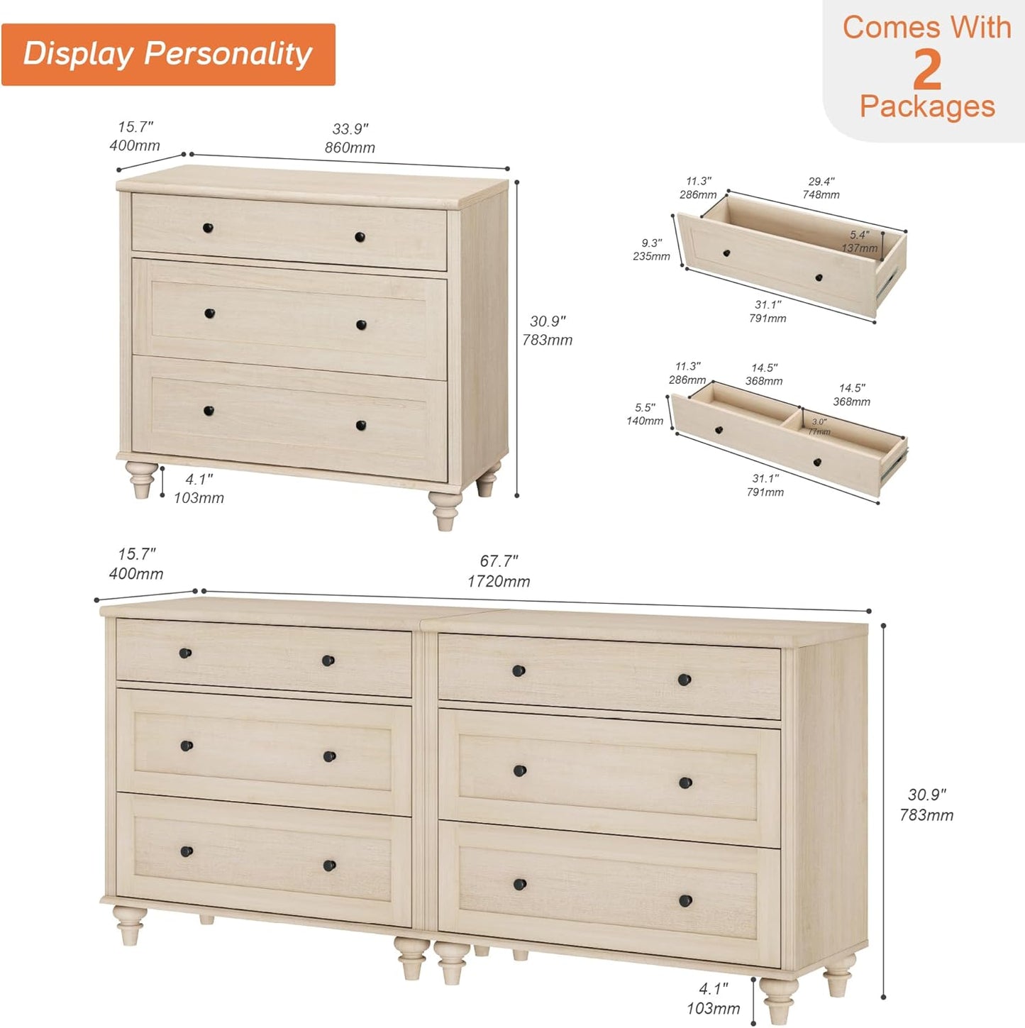 WAMPAT Kids Dresser with 6 Drawers, Baby Dressers with Wide Chest of Drawers, Mid Century Modern Wooden Closet Storage Organizer, Large Wood Dressers for Bedroom, Nursery, Hallway, Beige, 68 inch