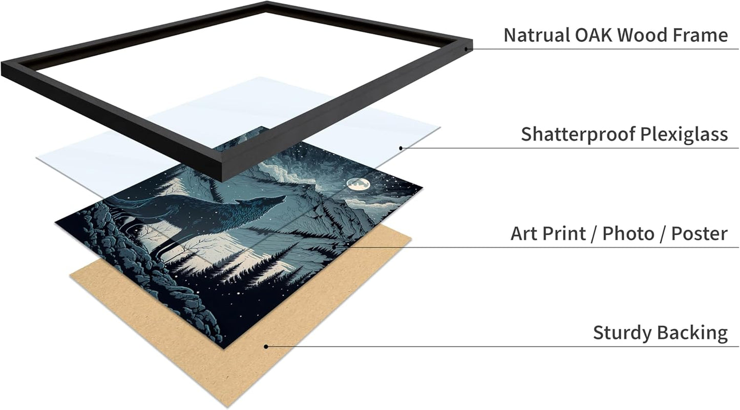 Poster Master Vintage Illustration Poster - Retro Animal Print - Gift for Artist, Friend - Wolf Howling at the Moon, Mountain, Snow, Landscape - Wall Decor for Home, Office, 8x10 Black Framed