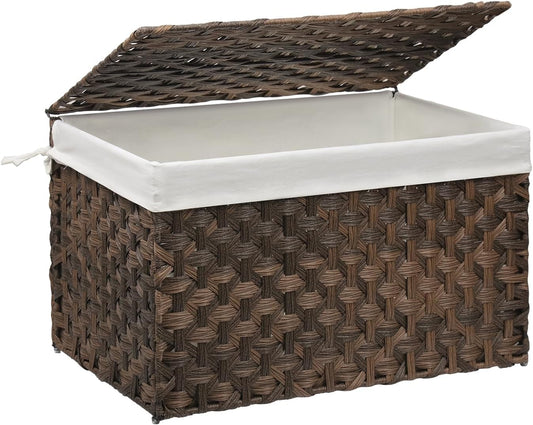 Wicker Storage Basket with Lid, 27.7 Gallon (105L) Large Blanket Basket with Lid, Woven Storage Bin with Handles, Removable Liner, Metal Frame, Foldable, for Bedroom, Laundry Room, Brown