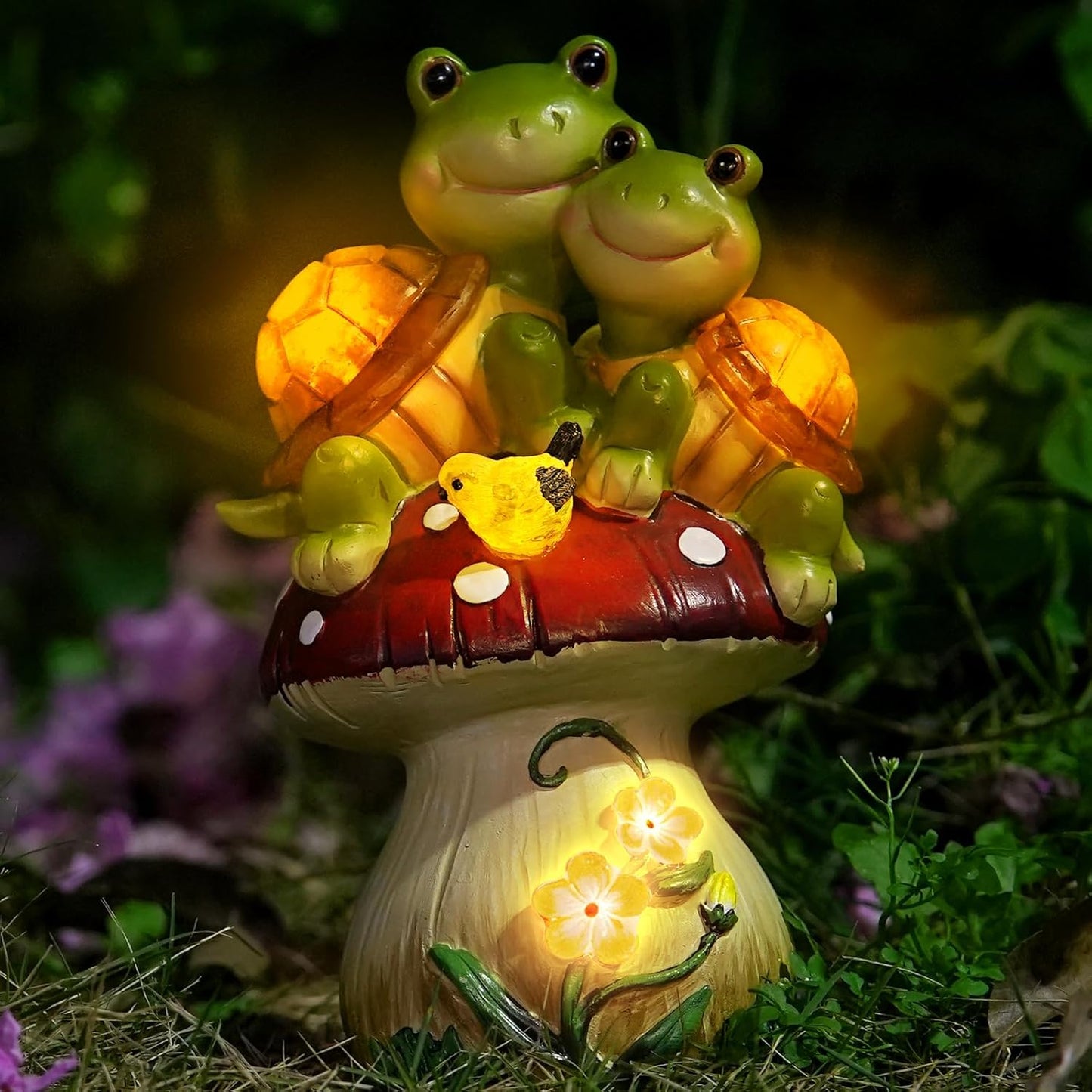Solar Light Turtle Garden Statue, Turtle on Mushroom Figurine, Lovely Tortoise Garden Statue with 5 LED Lights for Patio, Balcony, Yard, Housewarming, Lawn Ornament, Outdoor Lawn Decor