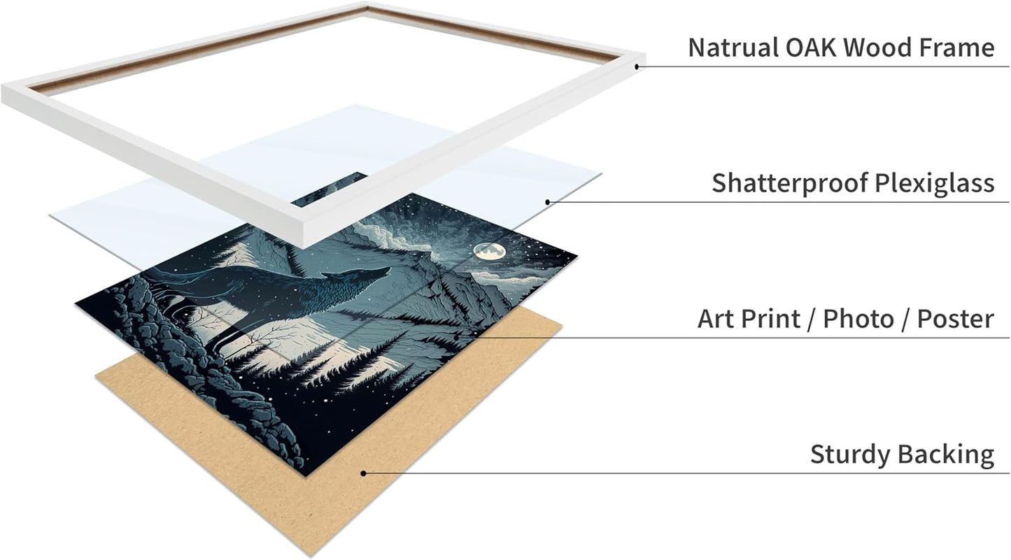 Poster Master Vintage Illustration Poster - Retro Animal Print - Gift for Artist, Friend - Wolf Howling at the Moon, Mountain, Snow, Landscape - Wall Decor for Home, Office, 11x14 White Framed