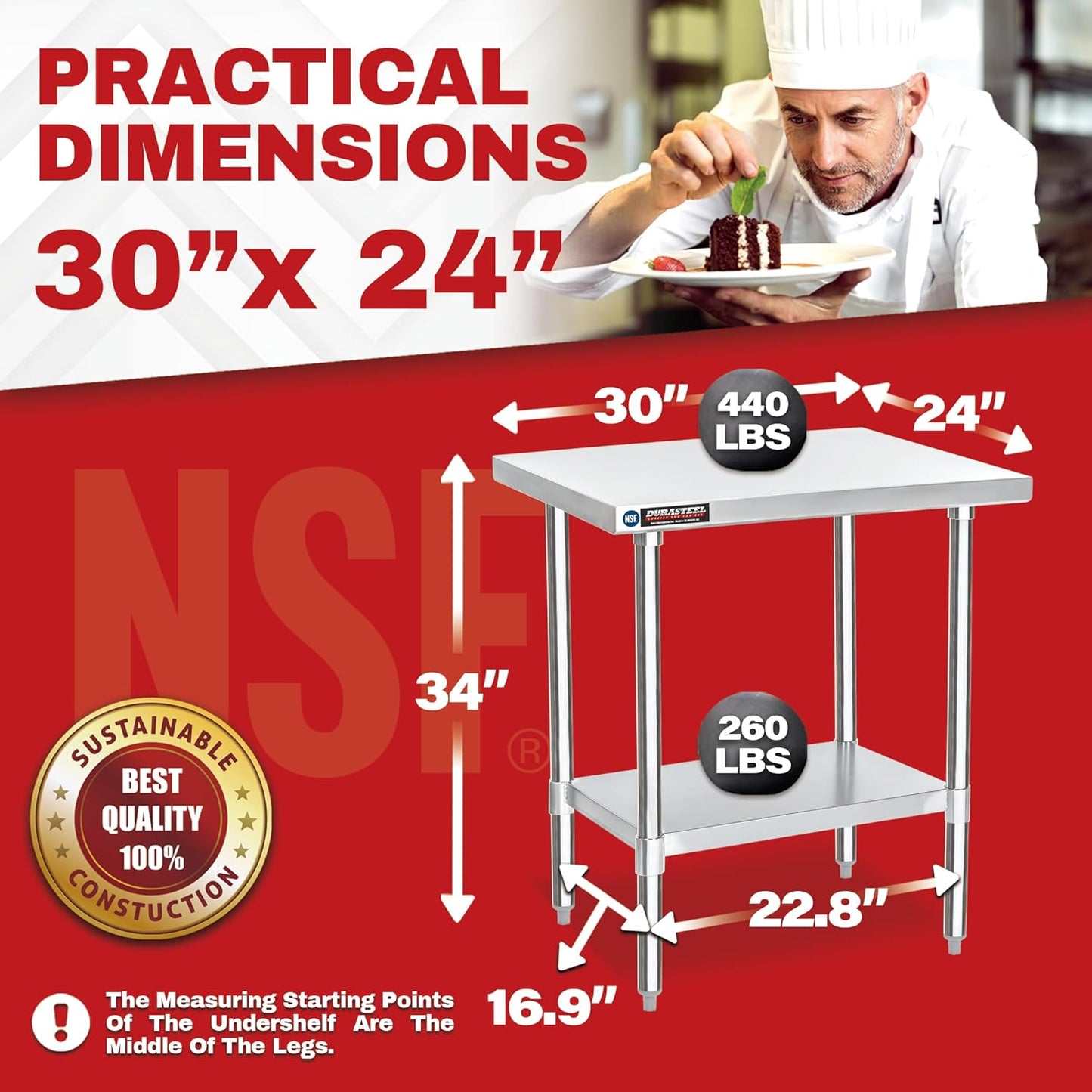DuraSteel 30x24 Small Stainless Kitchen Island - NSF Outdoor Grill Work Station with Under Shelf - Metal Microwave Stand - For Laundry Room, Kitchen, Garage, Restaurant