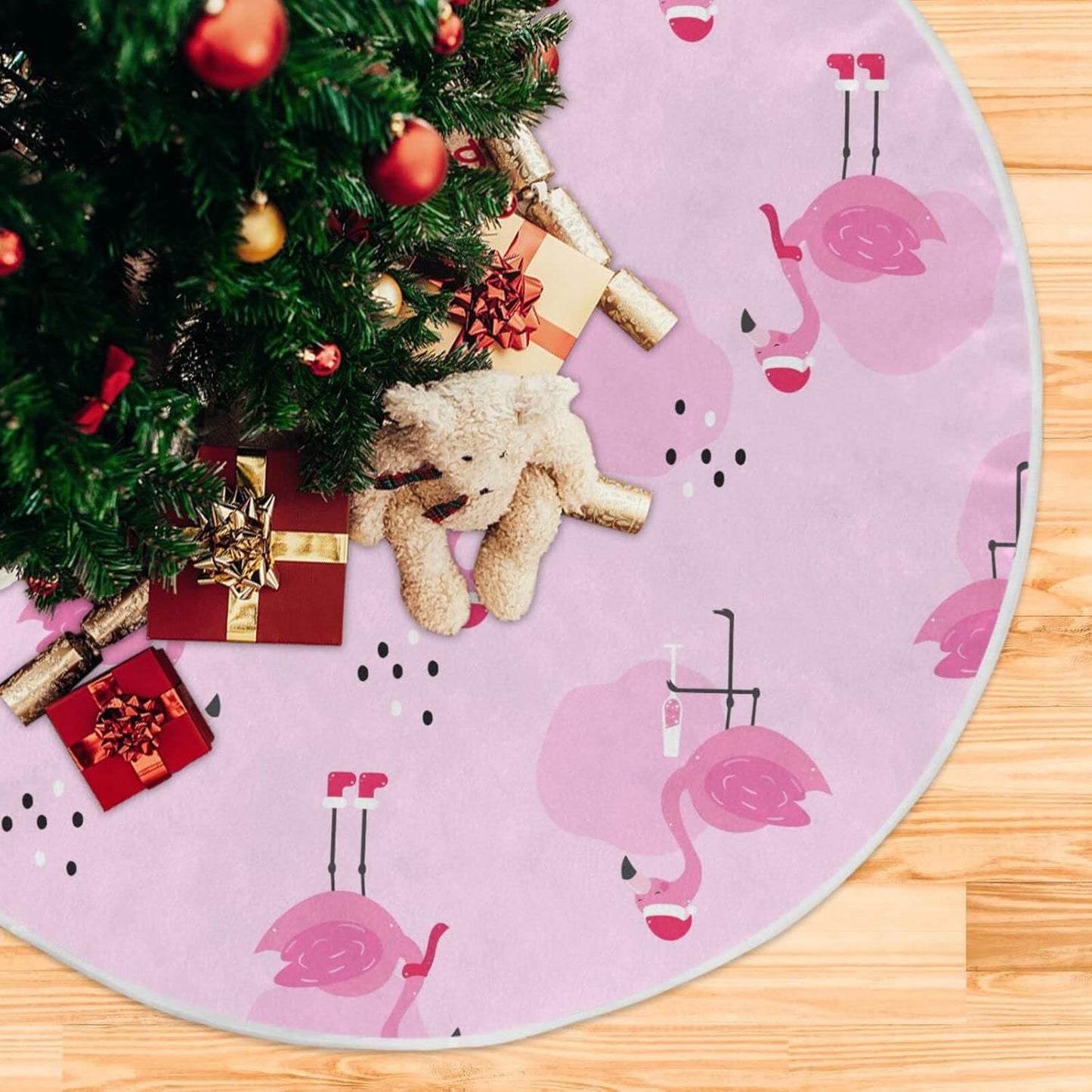 Christmas Flamingo Champagne Tree Skirt, Seasonal Tree Mat Holiday Party Supplies Ornaments Indoor Outdoor Decorations for Tabletop Trees 47.2 Inches