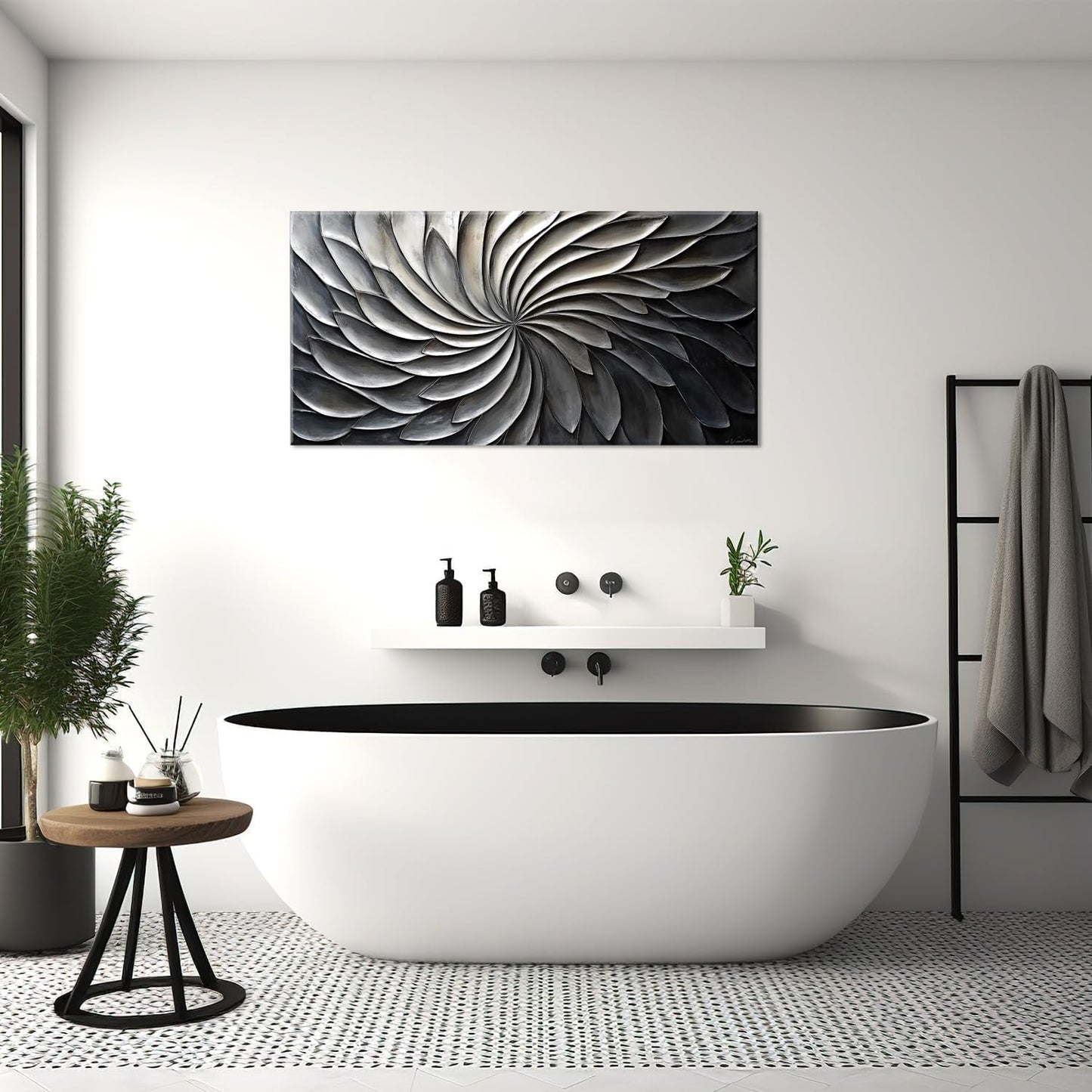 LASMOND Abstract Black and White Wall Art for Living Room Modern Canvas Print Painting Lines Flower Floral Large Artwork Bedroom Home Office Wall Décor (30x16 Inches)