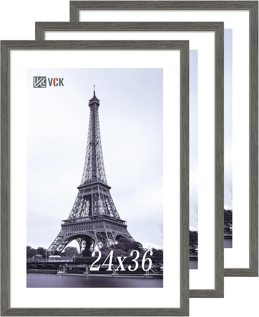 VCK 24x36 Poster Frame 3 Pack, Gray Solid Wood Picture Frame, Exclusive Wood Grain, Wall Mounting Hanging