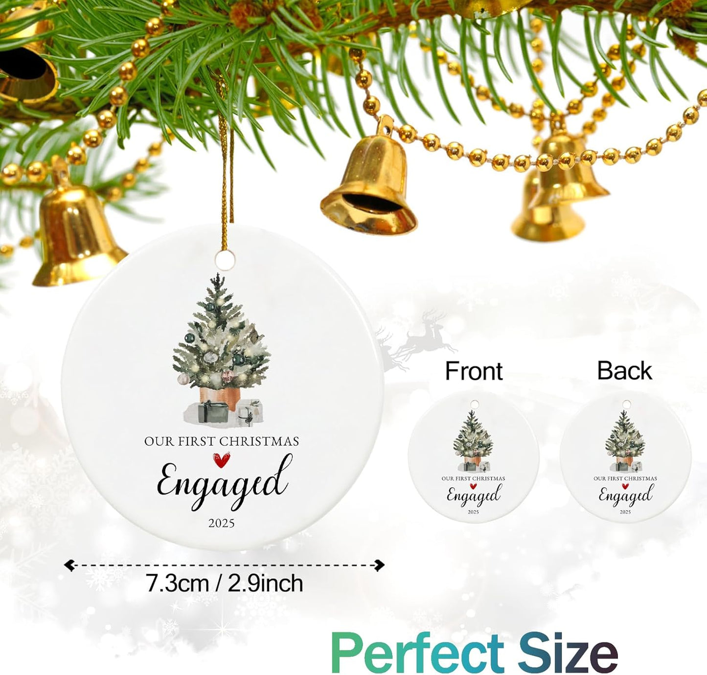 Our First Christmas Engaged Ornament 2025,Just Engaged Gifts for Couple, Ceramic Keepsake Engagement Ornaments 2025 with Ribbon and Gift Box