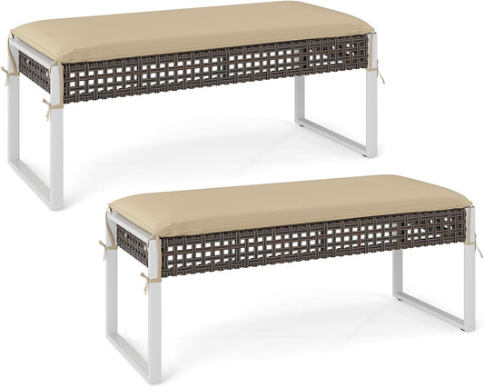 Tangkulka Outdoor Ottoman, Patio Rattan Heavy Duty Wicker Footrest with Soft Cushion & Metal Frame, Extra Seating, for Porch, Backyard, Lawn and Poolside (2)