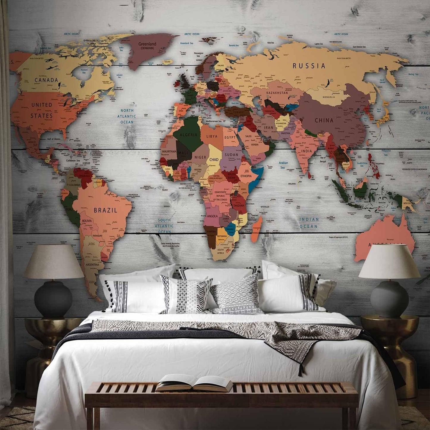 artgeist Wall Mural World Map 177x124 in - XXL Non-Woven Wallpaper Fleece Wall Decor Photo Print Picture Image Design Home Map of The World k-B-0009-a-c