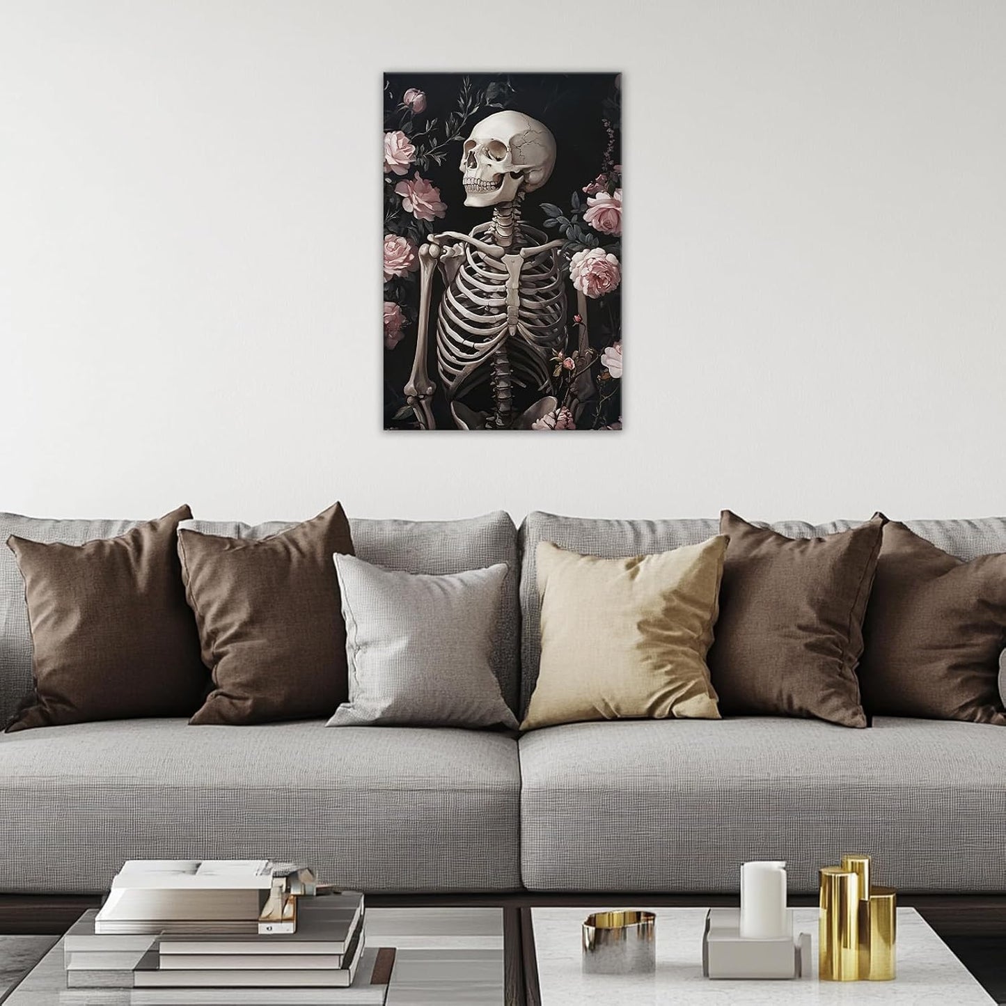 OAAPITI Skull Floral Wall Art Vintage Skeleton Portrait Canvas Print Dark Gothic Skull Art for Living Room Bedroom Home Wall Decor Ready to Hang(Artwork-10,12"x18")