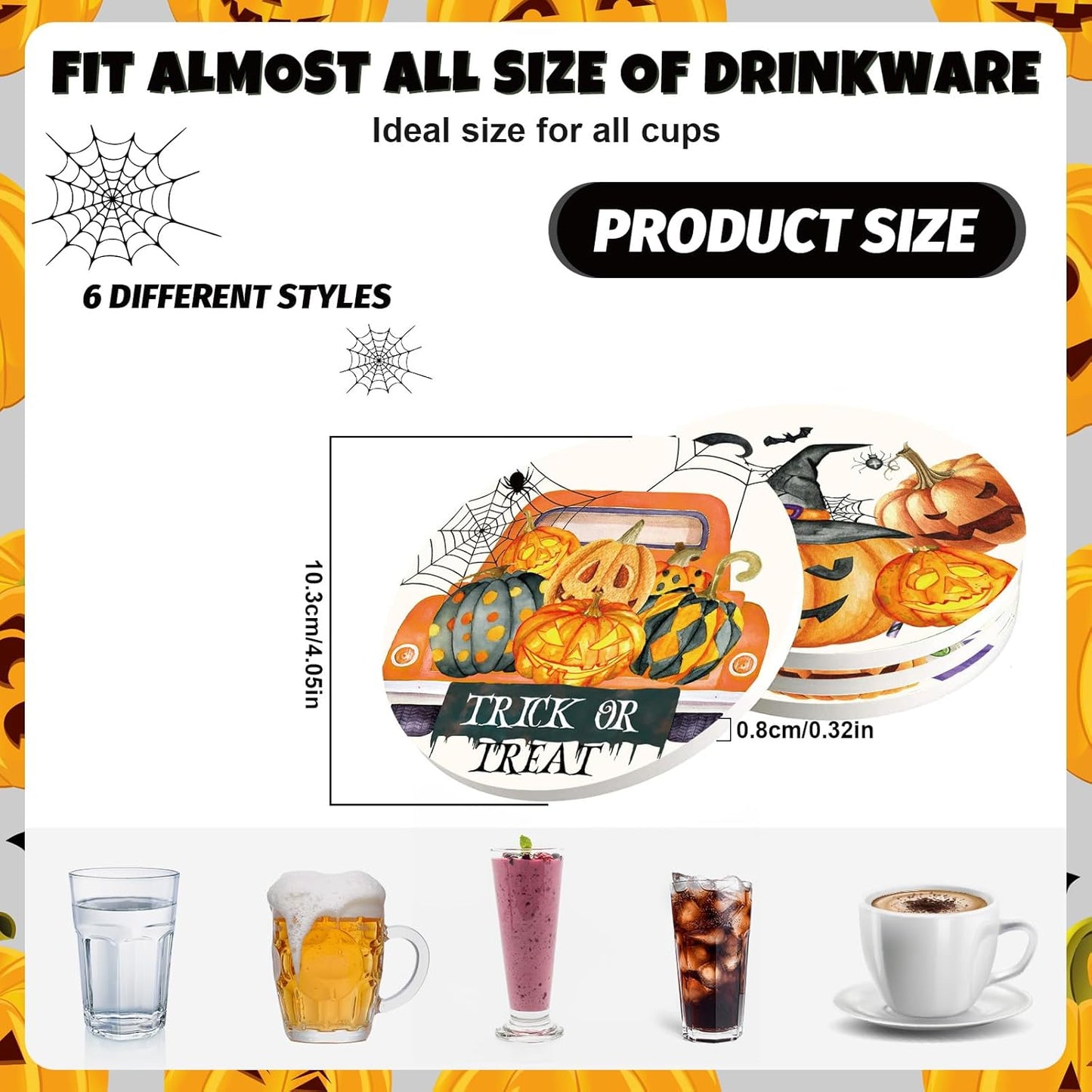 Whaline 6Pcs Halloween Coasters Watercolor Ceramic Coasters Pumpkin Gnome Pattern Drink Coasters Cup Mat for Table Room Decor Party Supplies, 4.1 x 0.3 Inch