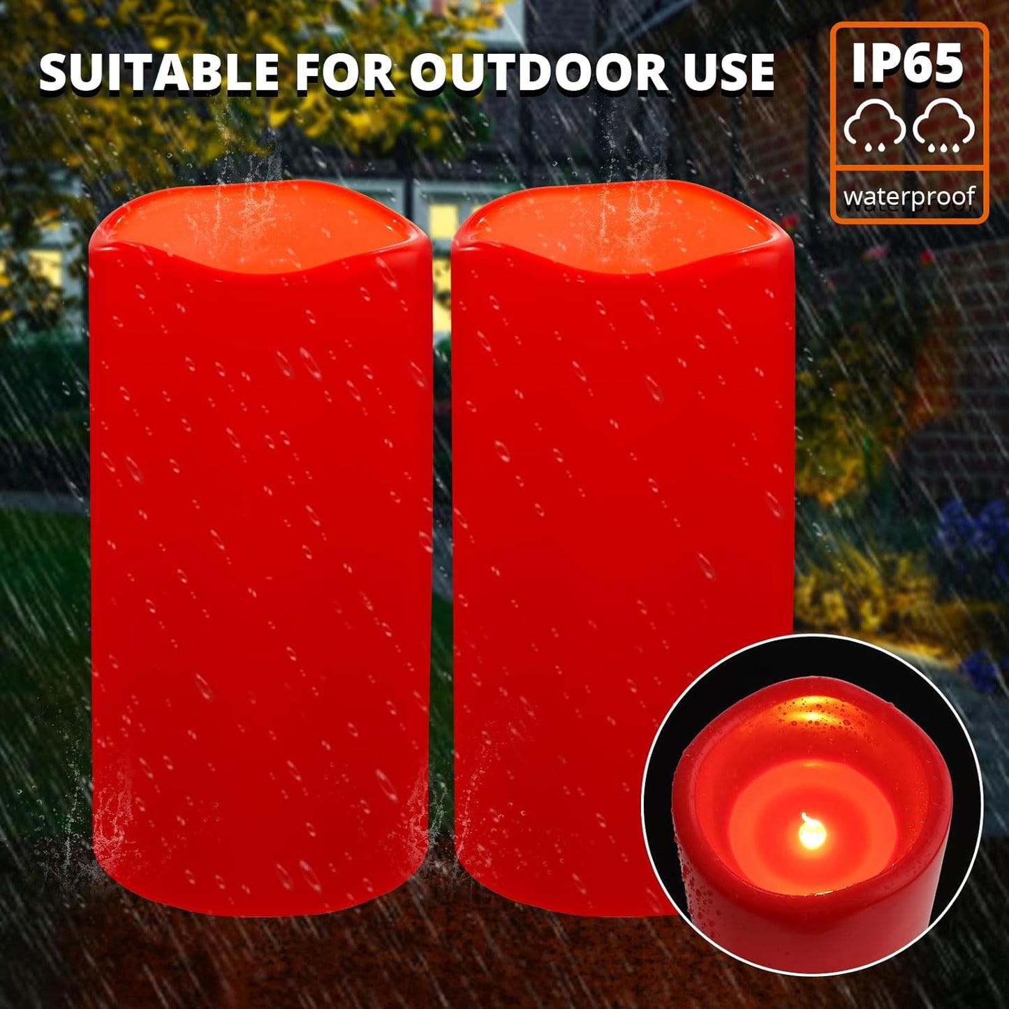 NURADA 8" x 4" Large Outdoor Flameless Candles - Waterproof LED Pillar Flickering Candle Battery Operated with Timer Remote Control for Patio Porch Christmas Decor - 2 Pack Red