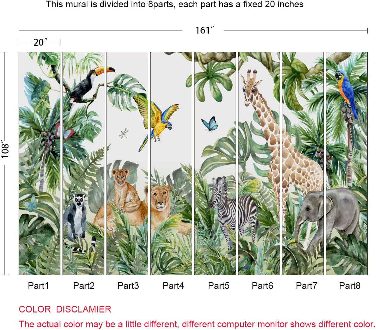 Safari Wallpaper for Children with Animals Jungle Wall Mural Watercolor Animals Nursery Wallpaper Kids Room Decor(Not Peel n' Stick)
