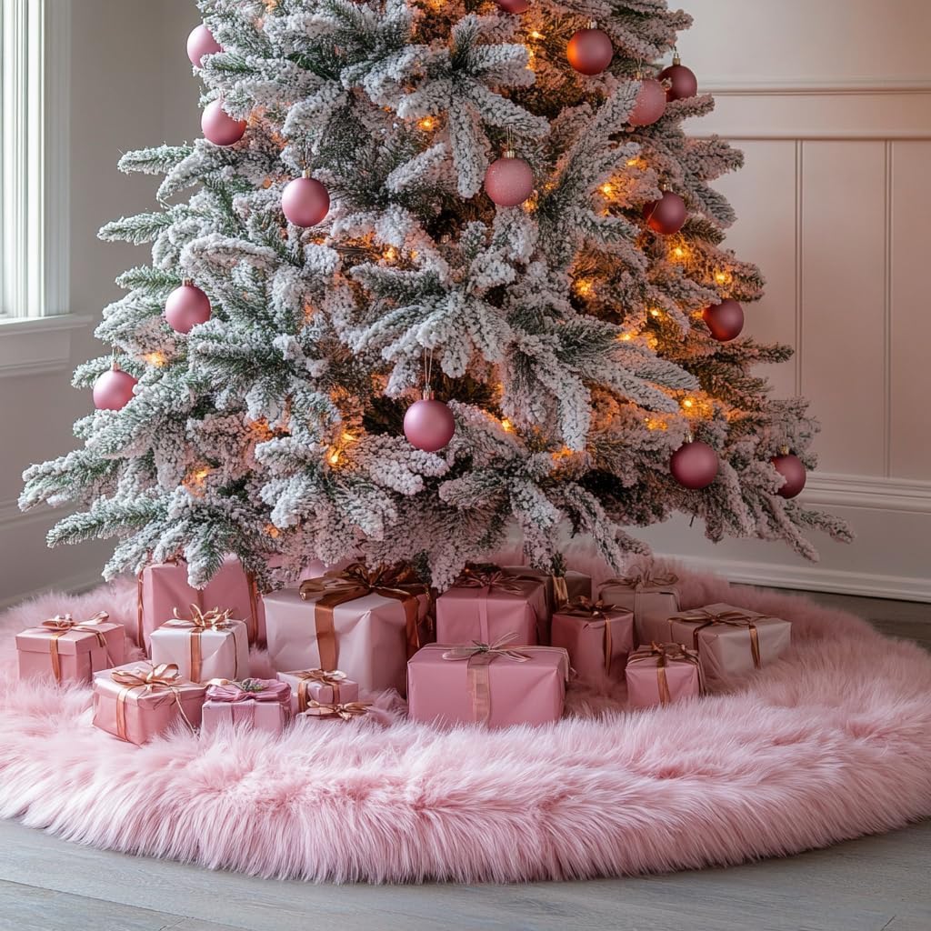AOGU 60 Inch Faux Fur Christmas Tree Skirt Pink Plush Skirt for Merry Christmas Party Christmas Tree Decoration