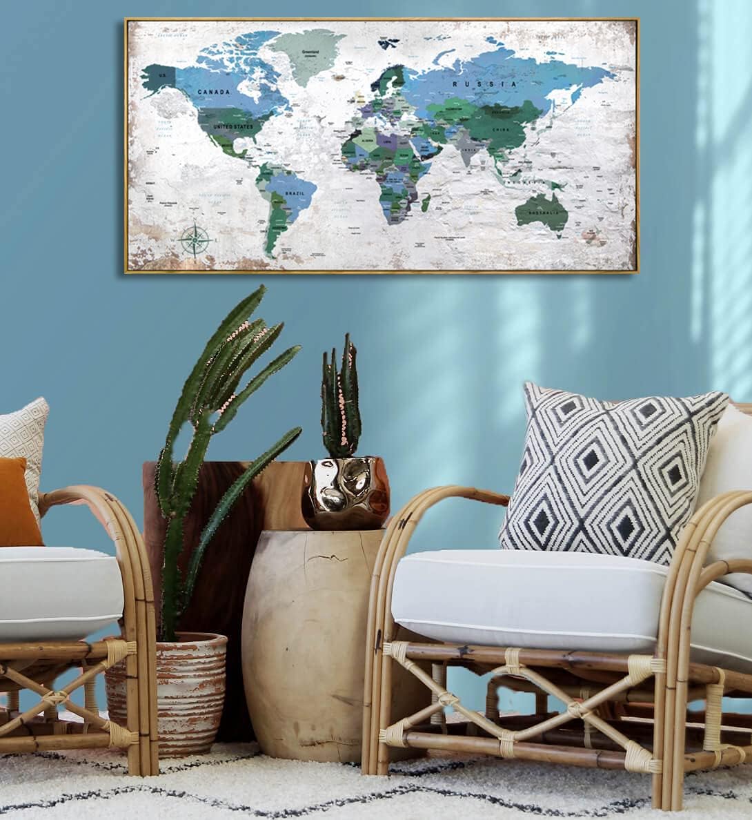 Framed Wall Art World Map Wall Art Canvas Picture 20inchx40inch Large Blue Map of The World Canvas Painting Artwork Prints for Office Wall Decor Home Living Room Decorations Framed Ready to Hang