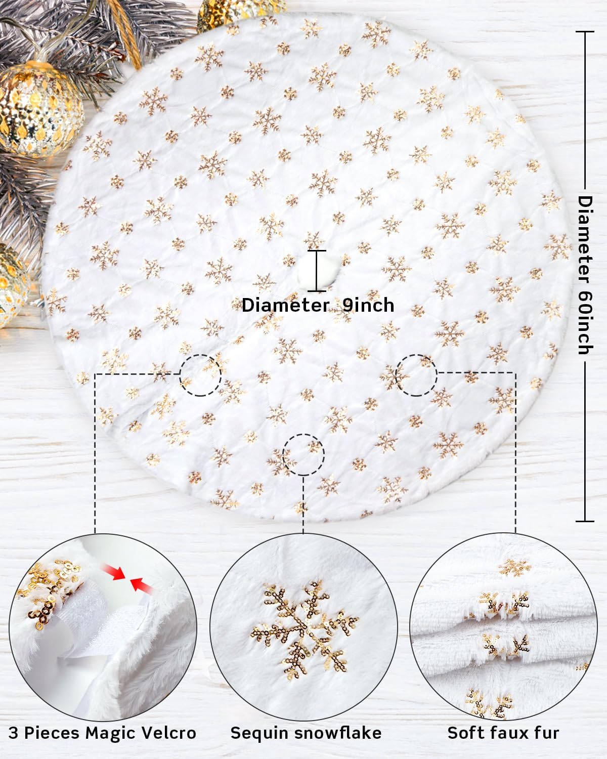 COOLWUFAN 60 Inches Christmas Tree Skirt for Xmas Tree Holiday Party Decoration White Plush Gold Sequin Snowflake (Gold)